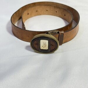 LEATHER BELT USA SOLID BRASS‎ IVORY DEER HEAD PAINTED 33.5" LENGTH